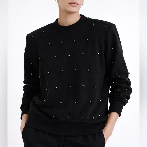 H&M NEW Black Studded Cotton Sweatshirt – Structured Shoulders – Size L - Picture 4 of 10